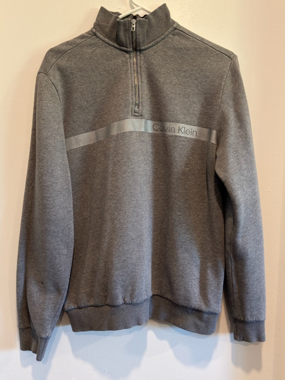 Calvin Klein Men’s Dark Gray Half-Zip Sweater with Chest Stripe